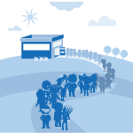 cartoon depicting a long queue outside a supermarket