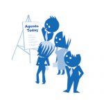 cartoon of team standing in front of a flip chart